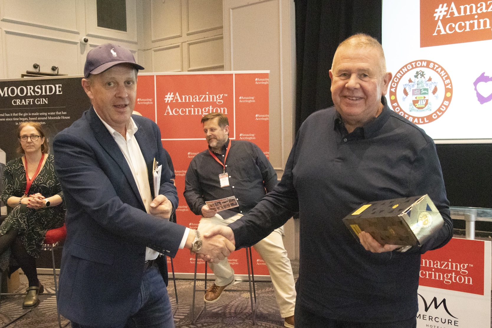 Murray Dawson presenting David Sanderson from the Rank Foundation with a gift for his ongoing support